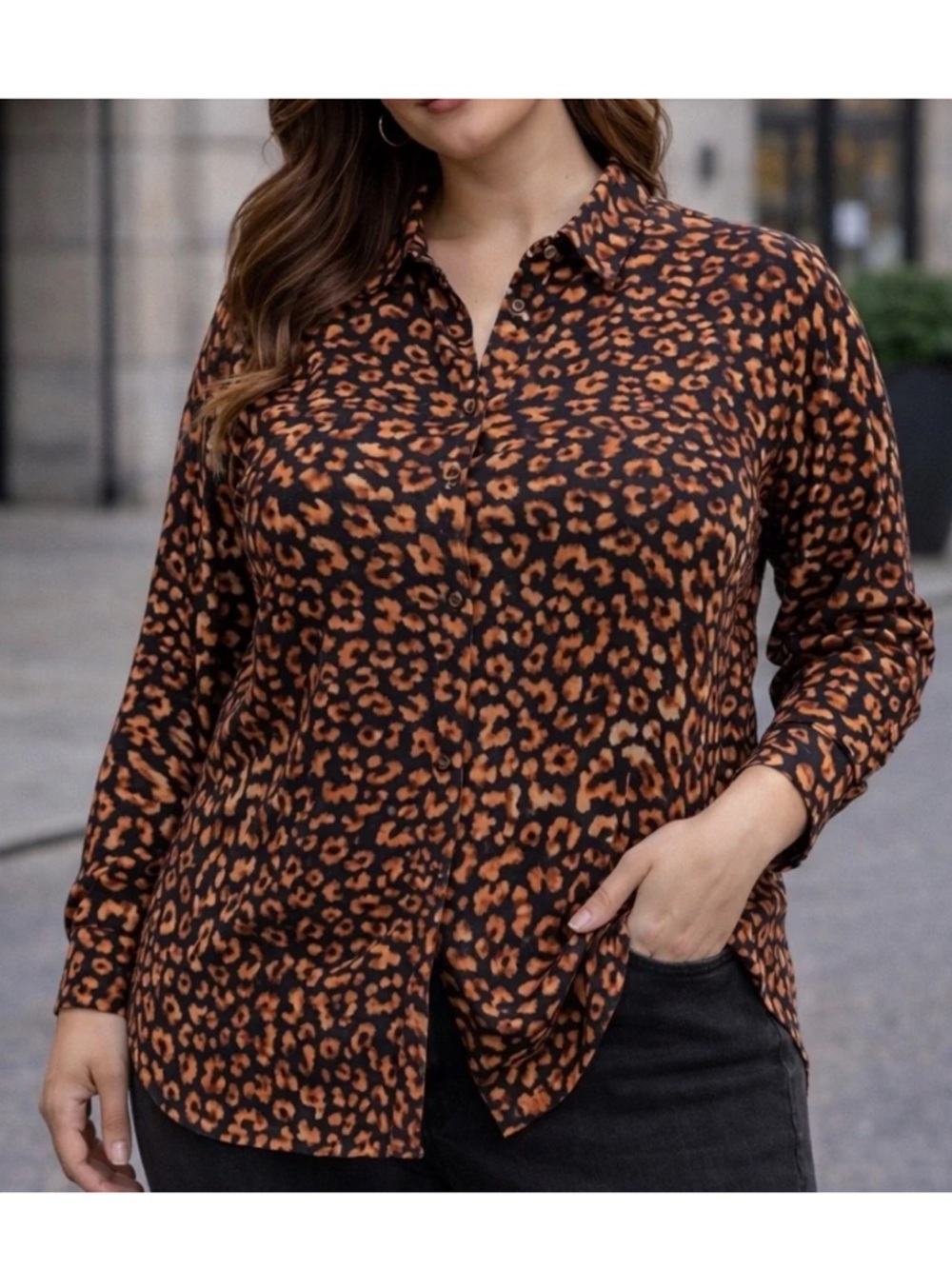 Nine West Plus Size Leopard Print Button-Down Shirt -‎ Brown/Black